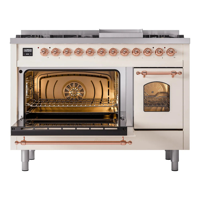 ILVE Nostalgie II 48" Dual Fuel Freestanding Range in Antique White with Copper Trim, UP48FNMPAWP