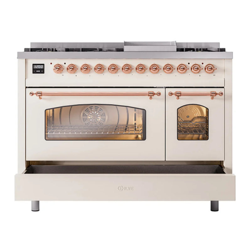 ILVE Nostalgie II 48" Dual Fuel Freestanding Range in Antique White with Copper Trim, UP48FNMPAWP