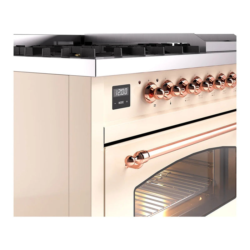 ILVE Nostalgie II 48" Dual Fuel Freestanding Range in Antique White with Copper Trim, UP48FNMPAWP