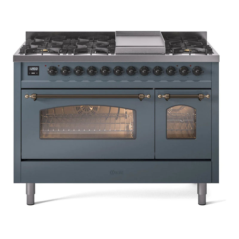 ILVE Nostalgie II 48" Dual Fuel Freestanding Range in Blue Grey with Burnished Trim, UP48FNMPBGBLP