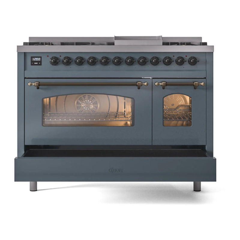 ILVE Nostalgie II 48" Dual Fuel Freestanding Range in Blue Grey with Burnished Trim, UP48FNMPBGBLP