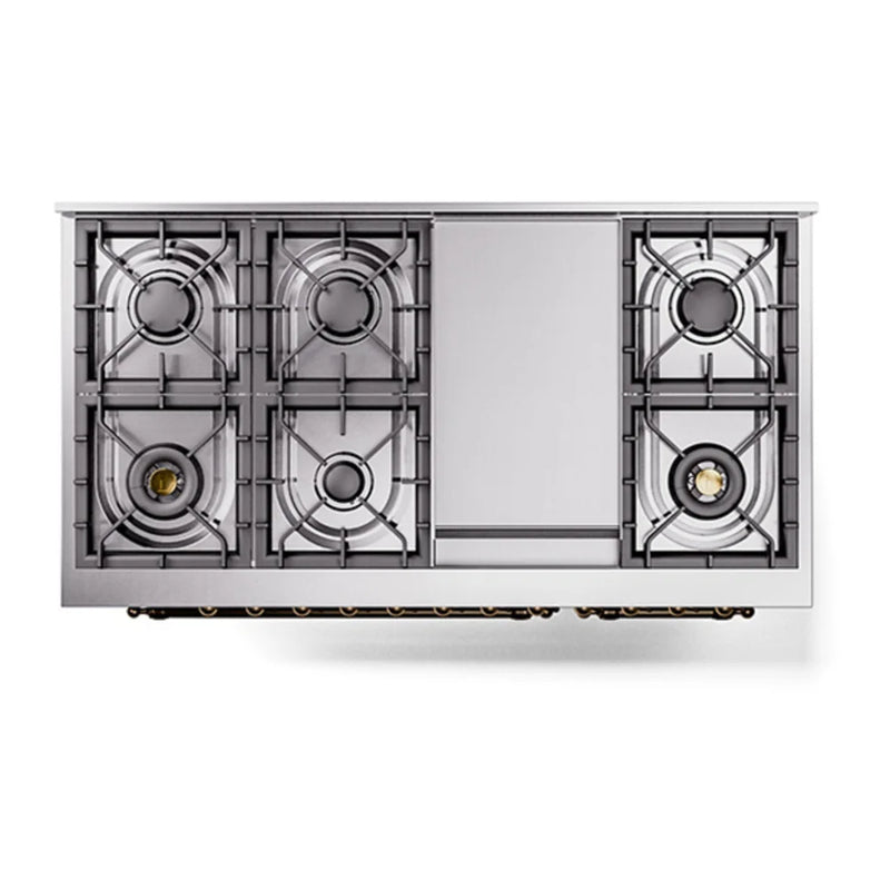 ILVE Nostalgie II 48" Dual Fuel Freestanding Range in Blue Grey with Burnished Trim, UP48FNMPBGBLP