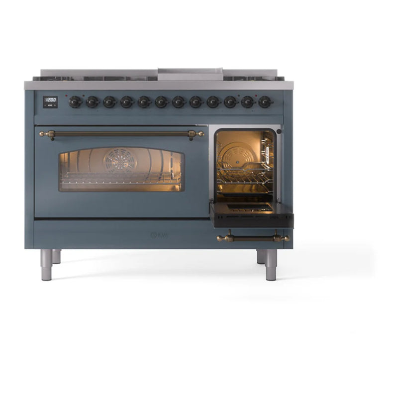 ILVE Nostalgie II 48" Dual Fuel Freestanding Range in Blue Grey with Burnished Trim, UP48FNMPBGB