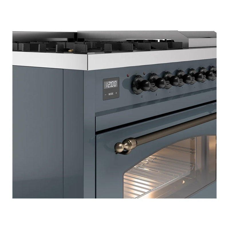 ILVE Nostalgie II 48" Dual Fuel Freestanding Range in Blue Grey with Burnished Trim, UP48FNMPBGB