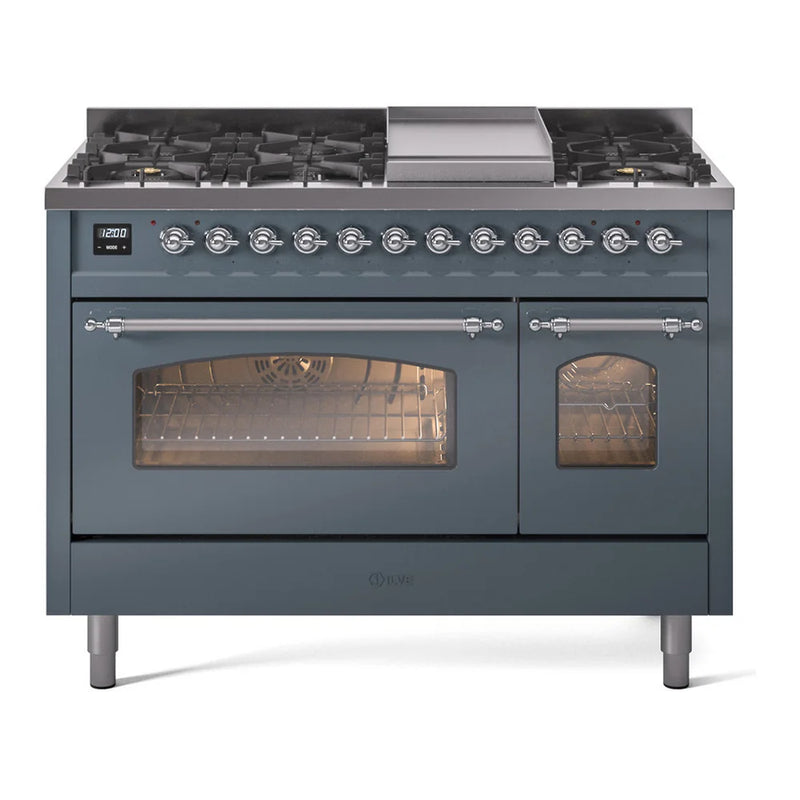 ILVE Nostalgie II 48" Dual Fuel Freestanding Range in Blue Grey with Chrome Trim, UP48FNMPBGCLP