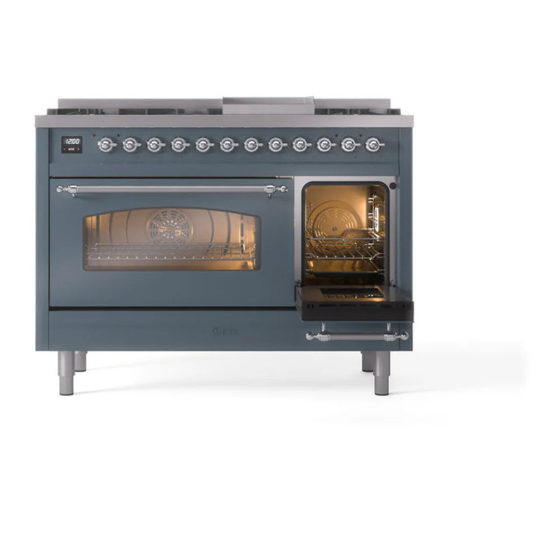 ILVE Nostalgie II 48" Dual Fuel Freestanding Range in Blue Grey with Chrome Trim, UP48FNMPBGCLP