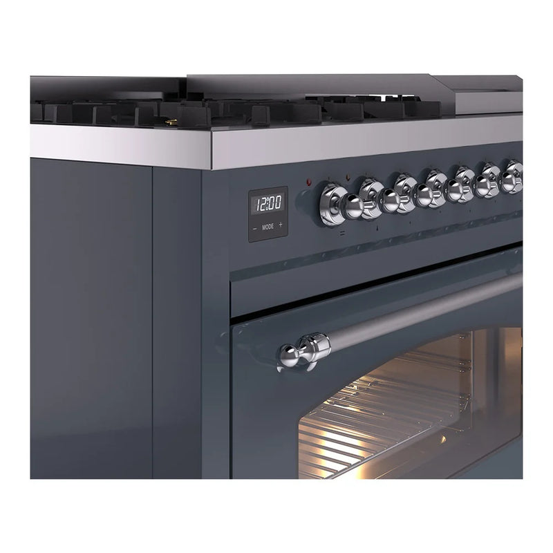 ILVE Nostalgie II 48" Dual Fuel Freestanding Range in Blue Grey with Chrome Trim, UP48FNMPBGCLP