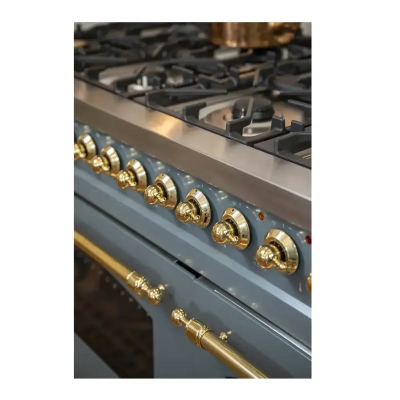 ILVE Nostalgie II 48" Dual Fuel Freestanding Range in Blue Grey with Brass Trim, UP48FNMPBGGLP