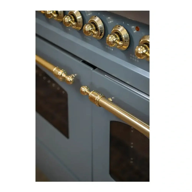 ILVE Nostalgie II 48" Dual Fuel Freestanding Range in Blue Grey with Brass Trim, UP48FNMPBGGLP