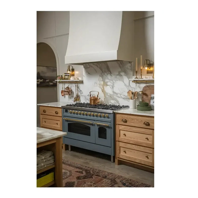 ILVE Nostalgie II 48" Dual Fuel Freestanding Range in Blue Grey with Brass Trim, UP48FNMPBGGLP