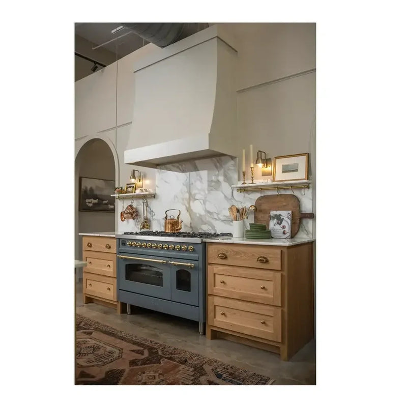 ILVE Nostalgie II 48" Dual Fuel Freestanding Range in Blue Grey with Brass Trim, UP48FNMPBGGLP