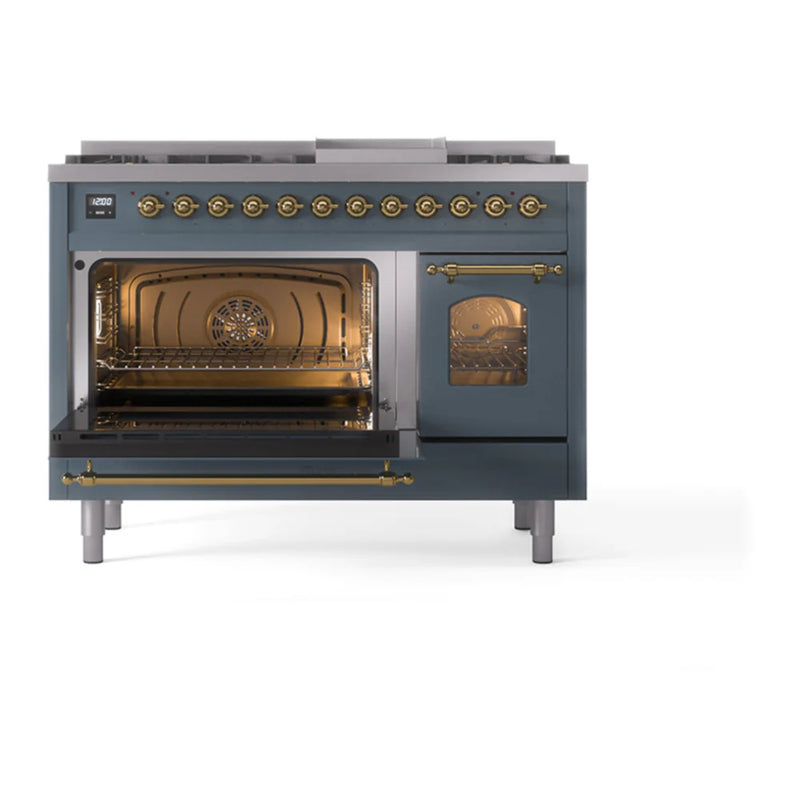 ILVE Nostalgie II 48" Dual Fuel Freestanding Range in Blue Grey with Brass Trim, UP48FNMPBGGLP
