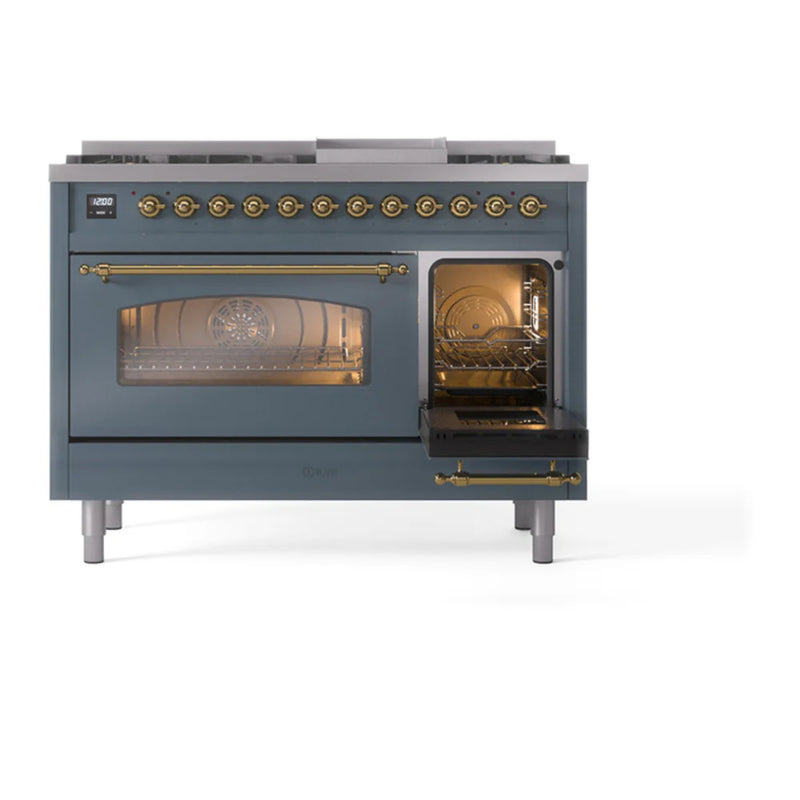 ILVE Nostalgie II 48" Dual Fuel Freestanding Range in Blue Grey with Brass Trim, UP48FNMPBGGLP
