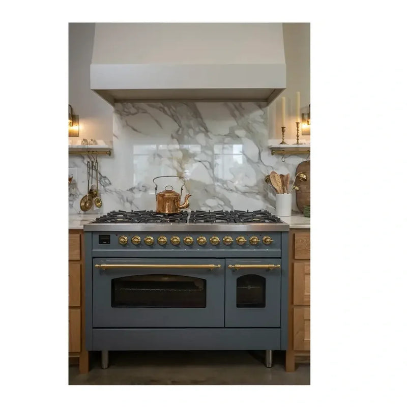 ILVE Nostalgie II 48" Dual Fuel Freestanding Range in Blue Grey with Brass Trim, UP48FNMPBGG