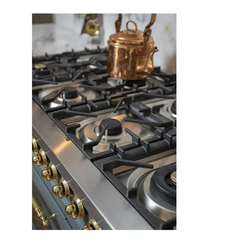 ILVE Nostalgie II 48" Dual Fuel Freestanding Range in Blue Grey with Brass Trim, UP48FNMPBGG