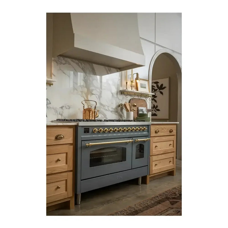 ILVE Nostalgie II 48" Dual Fuel Freestanding Range in Blue Grey with Brass Trim, UP48FNMPBGG