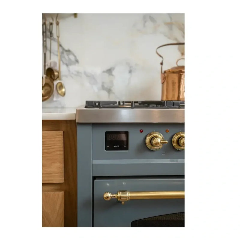 ILVE Nostalgie II 48" Dual Fuel Freestanding Range in Blue Grey with Brass Trim, UP48FNMPBGG