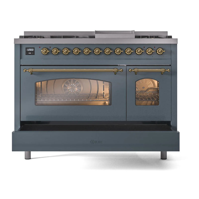 ILVE Nostalgie II 48" Dual Fuel Freestanding Range in Blue Grey with Brass Trim, UP48FNMPBGG
