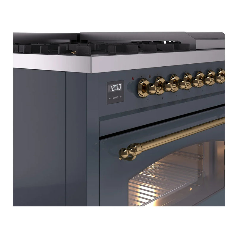 ILVE Nostalgie II 48" Dual Fuel Freestanding Range in Blue Grey with Brass Trim, UP48FNMPBGG