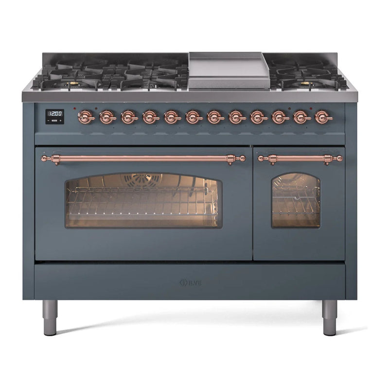ILVE Nostalgie II 48" Dual Fuel Freestanding Range in Blue Grey with Copper Trim, UP48FNMPBGPLP