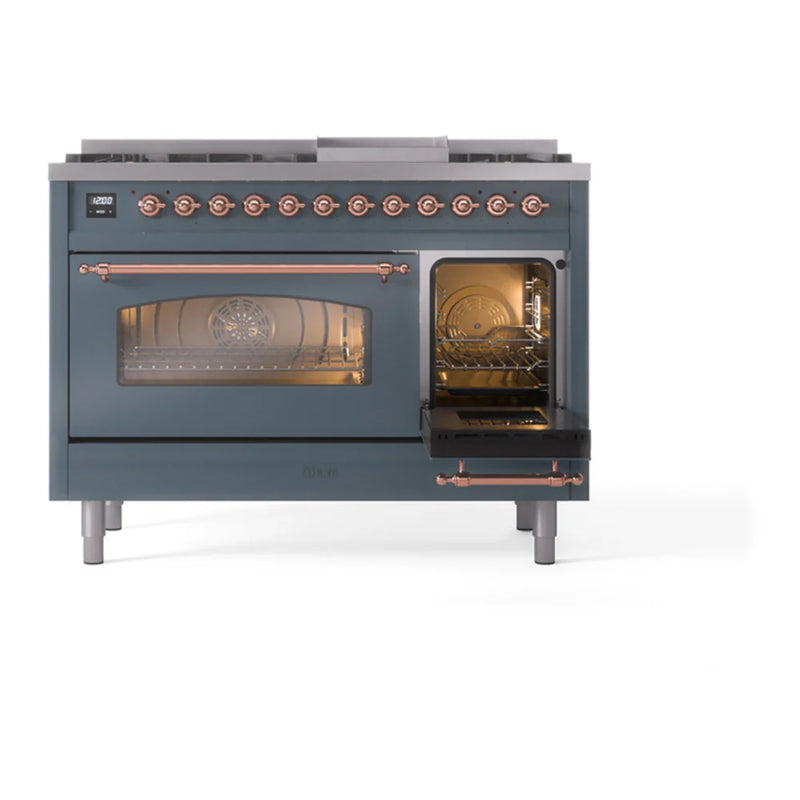 ILVE Nostalgie II 48" Dual Fuel Freestanding Range in Blue Grey with Copper Trim, UP48FNMPBGPLP