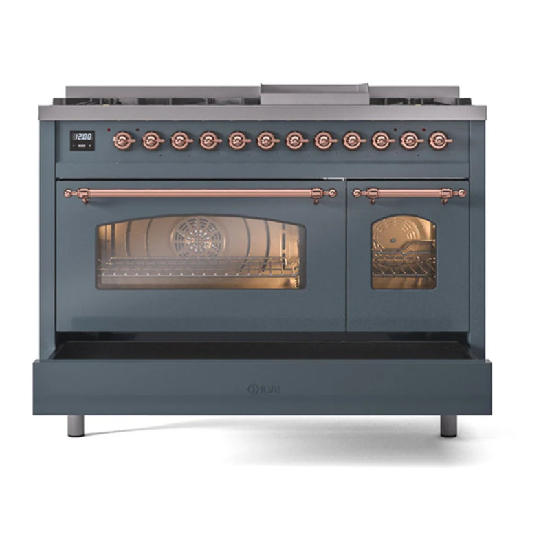 ILVE Nostalgie II 48" Dual Fuel Freestanding Range in Blue Grey with Copper Trim, UP48FNMPBGPLP
