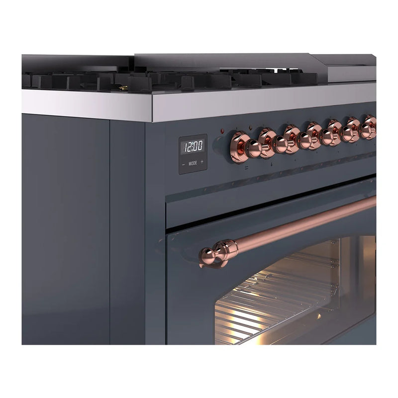 ILVE Nostalgie II 48" Dual Fuel Freestanding Range in Blue Grey with Copper Trim, UP48FNMPBGPLP