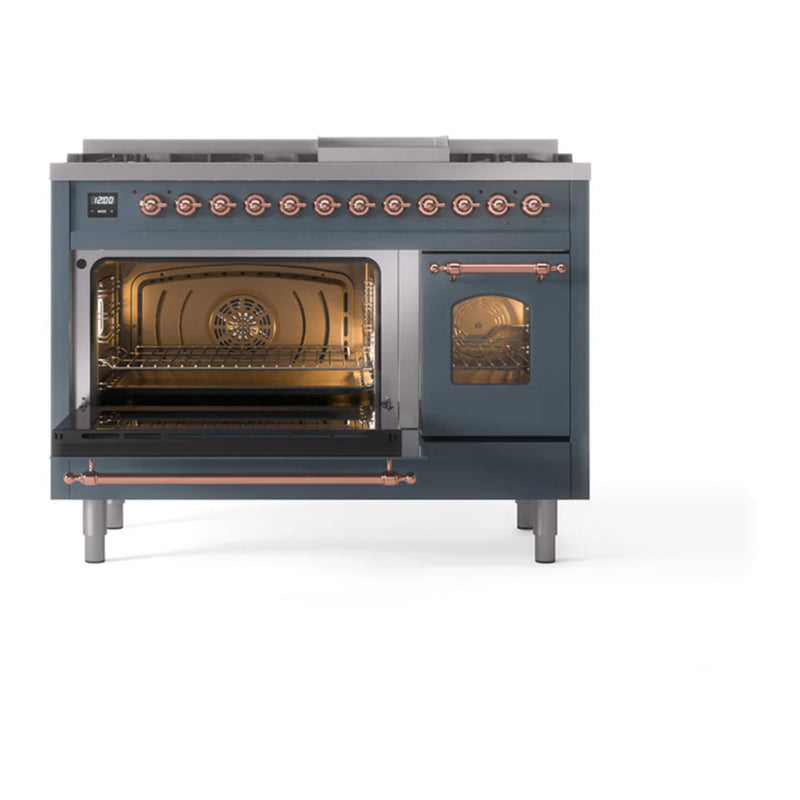 ILVE Nostalgie II 48" Dual Fuel Freestanding Range in Blue Grey with Copper Trim, UP48FNMPBGP