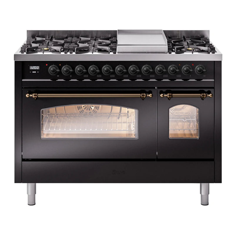 ILVE Nostalgie II 48" Dual Fuel Freestanding Range in Glossy Black with Burnished Trim, UP48FNMPBKBLP