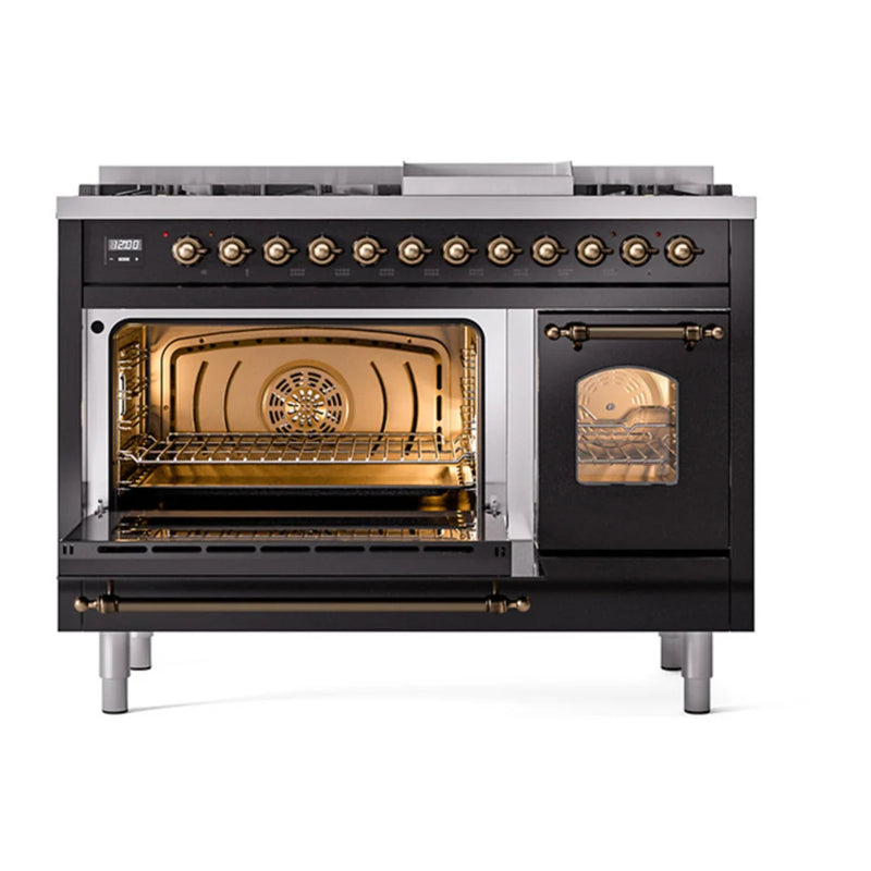 ILVE Nostalgie II 48" Dual Fuel Freestanding Range in Glossy Black with Burnished Trim, UP48FNMPBKBLP