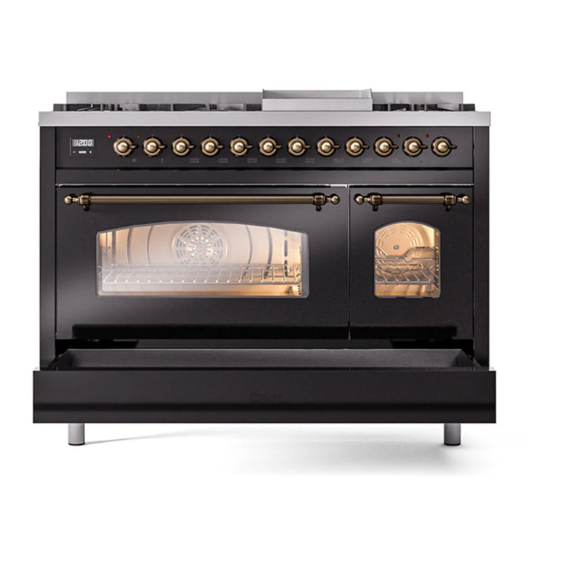 ILVE Nostalgie II 48" Dual Fuel Freestanding Range in Glossy Black with Burnished Trim, UP48FNMPBKBLP