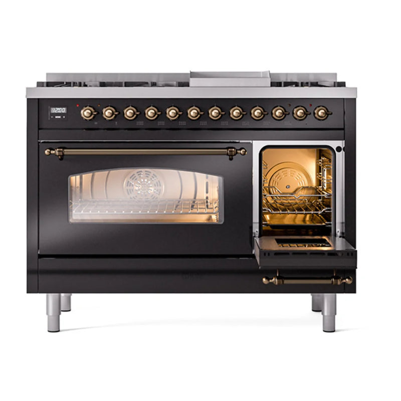 ILVE Nostalgie II 48" Dual Fuel Freestanding Range in Glossy Black with Burnished Trim, UP48FNMPBKB