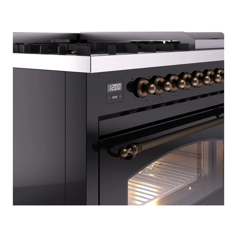 ILVE Nostalgie II 48" Dual Fuel Freestanding Range in Glossy Black with Burnished Trim, UP48FNMPBKB