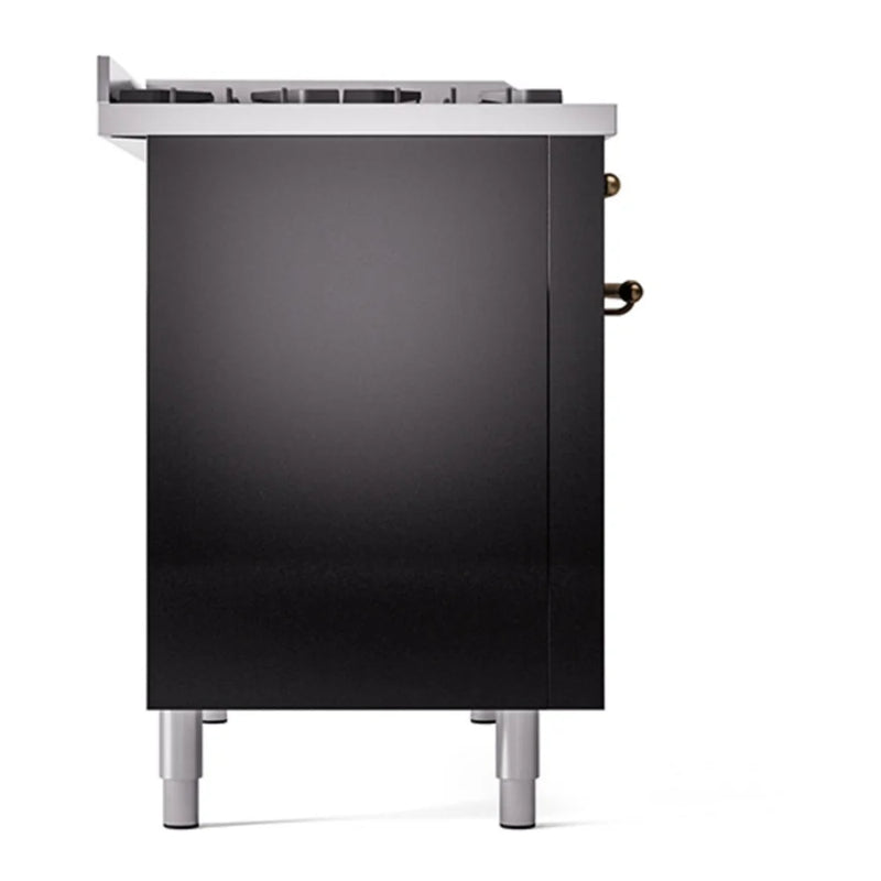 ILVE Nostalgie II 48" Dual Fuel Freestanding Range in Glossy Black with Burnished Trim, UP48FNMPBKB