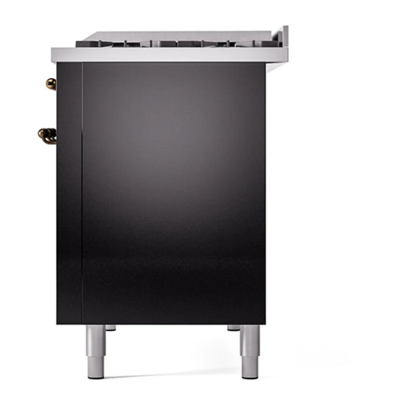 ILVE Nostalgie II 48" Dual Fuel Freestanding Range in Glossy Black with Burnished Trim, UP48FNMPBKB