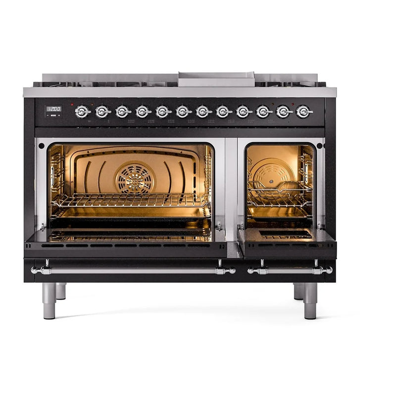ILVE Nostalgie II 48" Dual Fuel Freestanding Range in Glossy Black with Chrome Trim, UP48FNMPBKCLP