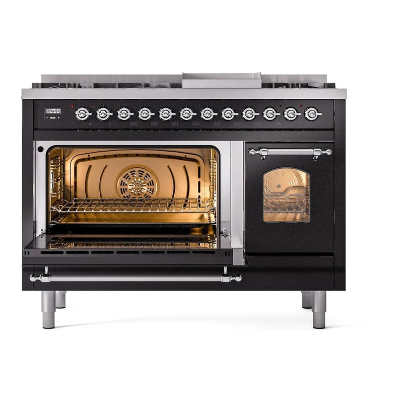 ILVE Nostalgie II 48" Dual Fuel Freestanding Range in Glossy Black with Chrome Trim, UP48FNMPBKCLP