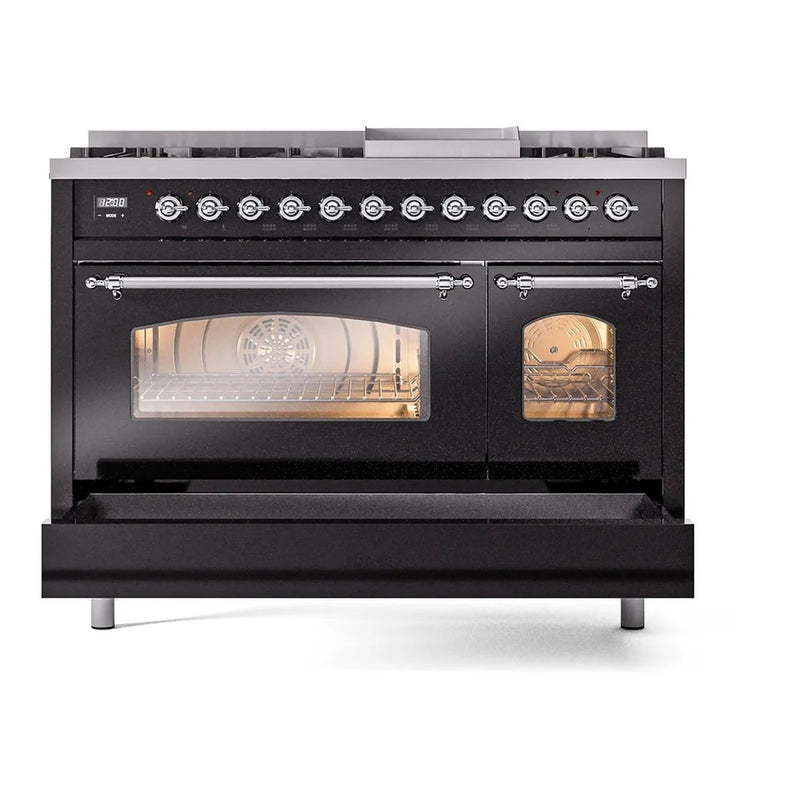 ILVE Nostalgie II 48" Dual Fuel Freestanding Range in Glossy Black with Chrome Trim, UP48FNMPBKCLP