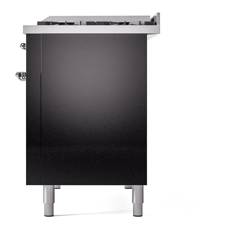 ILVE Nostalgie II 48" Dual Fuel Freestanding Range in Glossy Black with Chrome Trim, UP48FNMPBKCLP