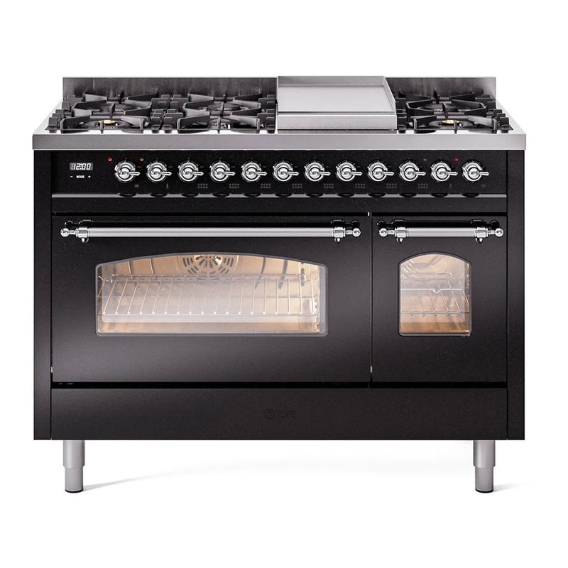 ILVE Nostalgie II 48" Dual Fuel Freestanding Range in Glossy Black with Chrome Trim, UP48FNMPBKC