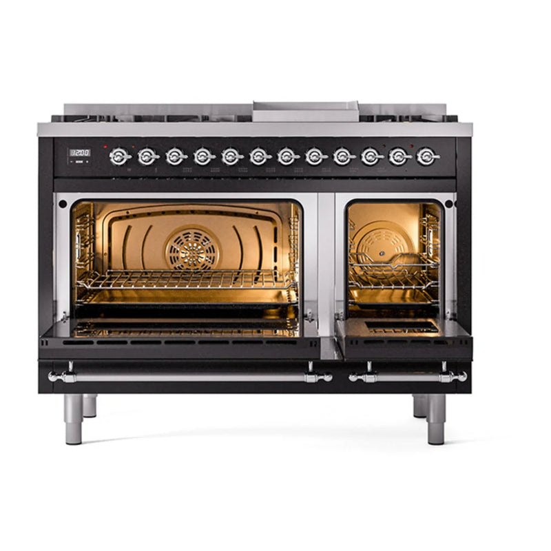 ILVE Nostalgie II 48" Dual Fuel Freestanding Range in Glossy Black with Chrome Trim, UP48FNMPBKC