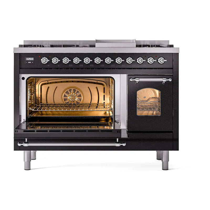 ILVE Nostalgie II 48" Dual Fuel Freestanding Range in Glossy Black with Chrome Trim, UP48FNMPBKC