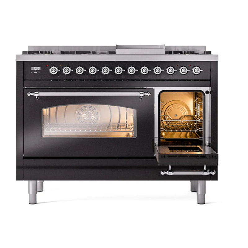 ILVE Nostalgie II 48" Dual Fuel Freestanding Range in Glossy Black with Chrome Trim, UP48FNMPBKC