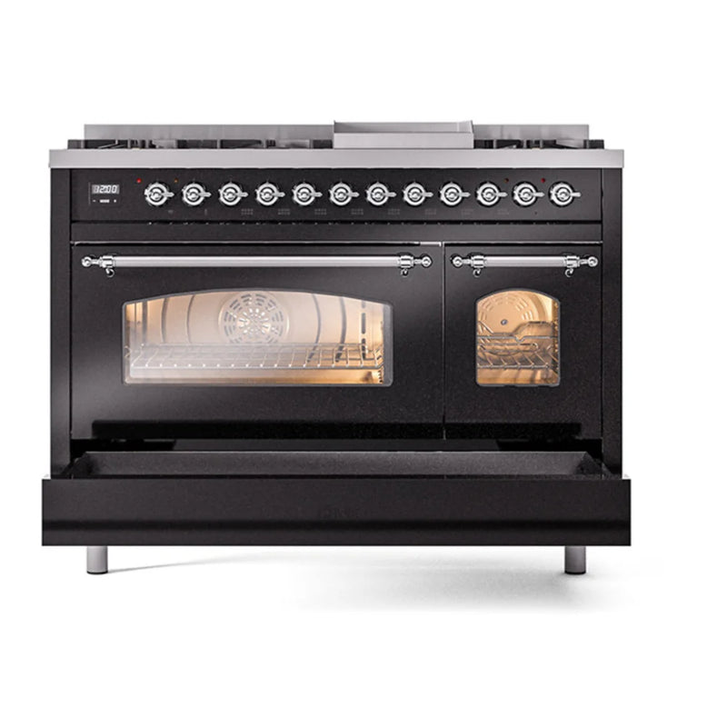 ILVE Nostalgie II 48" Dual Fuel Freestanding Range in Glossy Black with Chrome Trim, UP48FNMPBKC