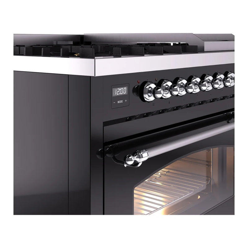 ILVE Nostalgie II 48" Dual Fuel Freestanding Range in Glossy Black with Chrome Trim, UP48FNMPBKC
