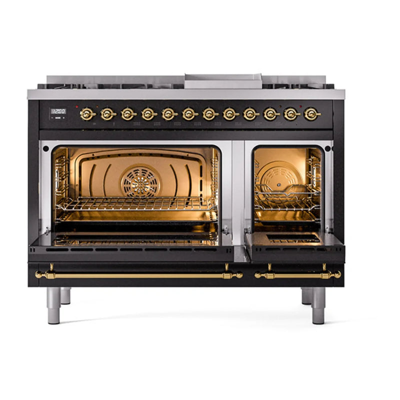 ILVE Nostalgie II 48" Dual Fuel Freestanding Range in Glossy Black with Brass Trim, UP48FNMPBKGLP