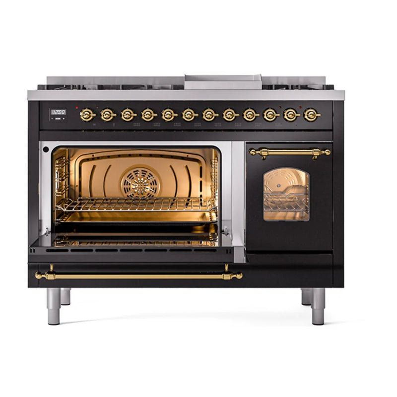 ILVE Nostalgie II 48" Dual Fuel Freestanding Range in Glossy Black with Brass Trim, UP48FNMPBKGLP