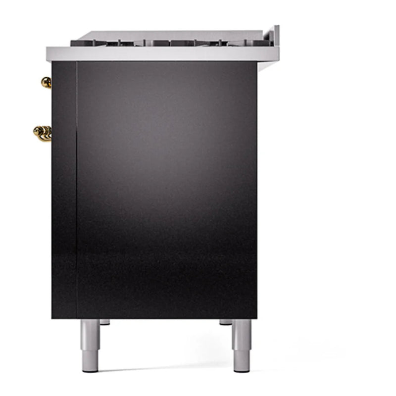 ILVE Nostalgie II 48" Dual Fuel Freestanding Range in Glossy Black with Brass Trim, UP48FNMPBKG