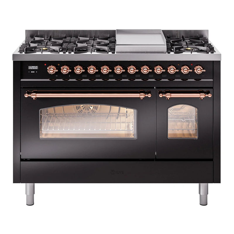 ILVE Nostalgie II 48" Dual Fuel Freestanding Range in Glossy Black with Copper Trim, UP48FNMPBKPLP