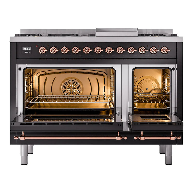 ILVE Nostalgie II 48" Dual Fuel Freestanding Range in Glossy Black with Copper Trim, UP48FNMPBKPLP
